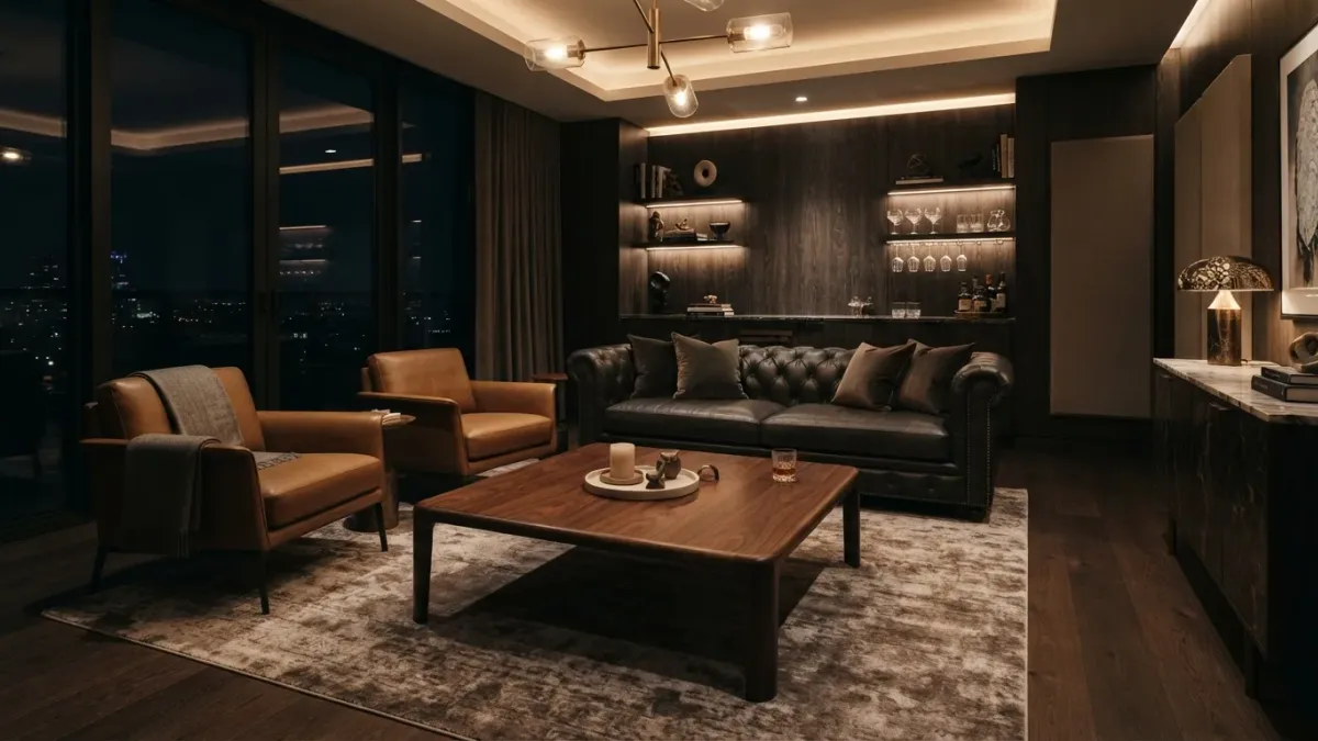 A quiet, upscale private lounge room with modern leather seating, polished wooden table, and subtle ambient lighting